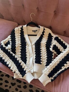 Steve Madden Chunky Crochet Striped Cardigan - Cream & Black